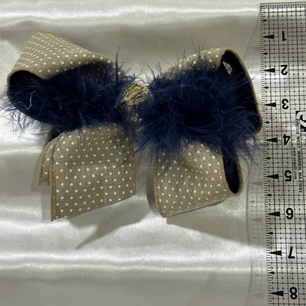 Polka Dot Bow Hair Clip with Navy Feather Trim